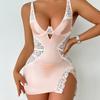 Rochie de noapte senzuală din dantelă, cu spate decupat și fantă laterală