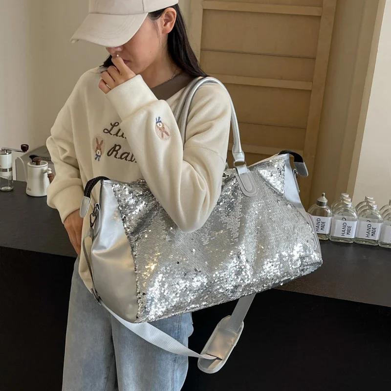 Bolso de hombro con lentejuelas para mujer, elegante bolso cruzado, monocromático, gran capacidad