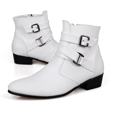 Białe buty Chelsea męskie styl brytyjski buty męskie na wysokim obcasie botki do kostki szpiczasty nosek zapinane na klamrę buty motocyklowe męskie duży rozmiar 39-47