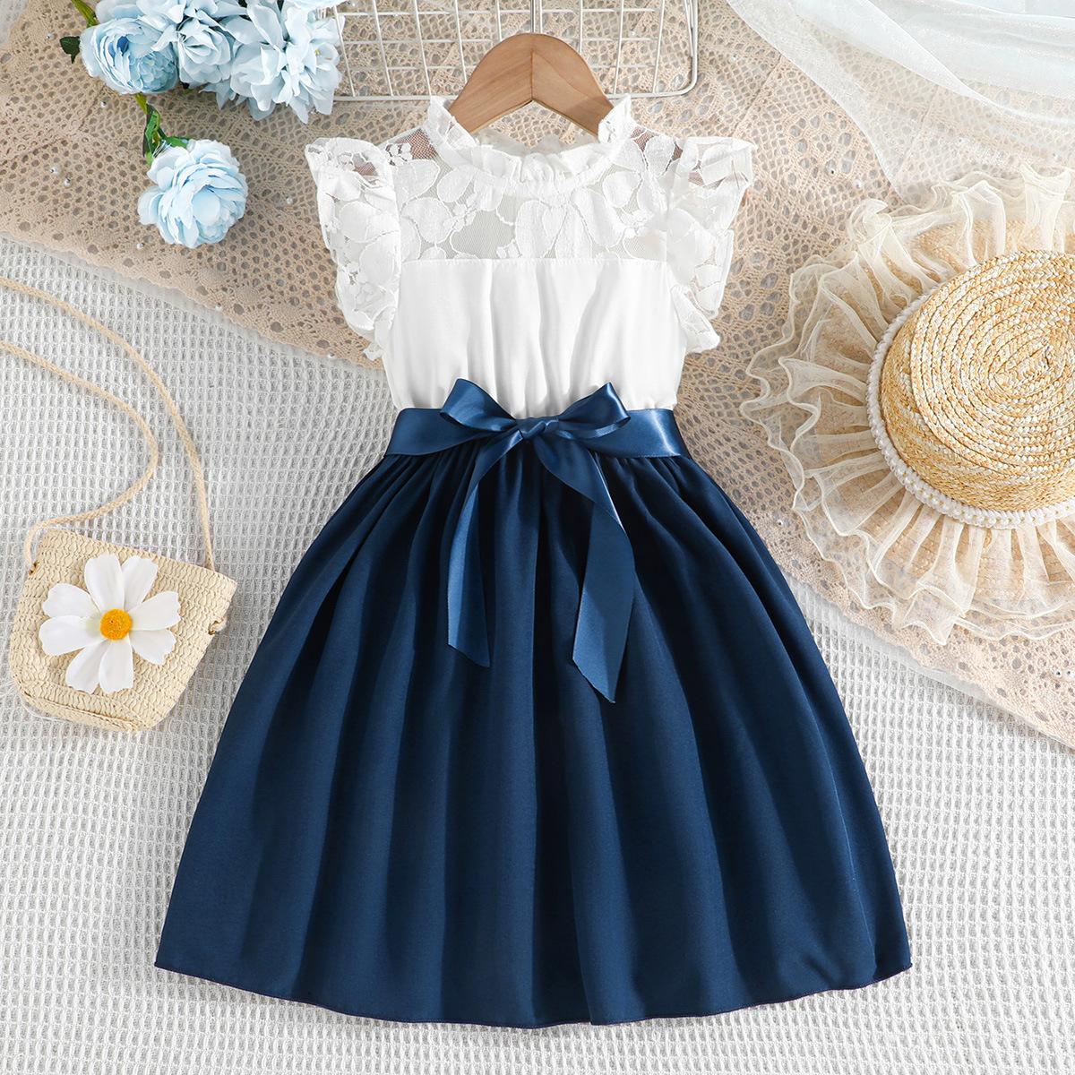 

Дитячі літні сукні для дівчаток 4-7 років Нове біле плаття Однотонні сукні в стилі печворк Сукня принцеси 7Y синій