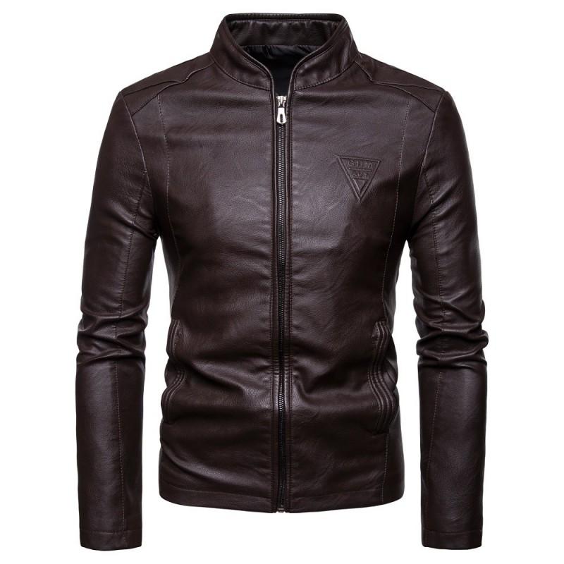 Mens PU Leather Biker Jacket With Letter Print Casual Fit Plus Size Wear