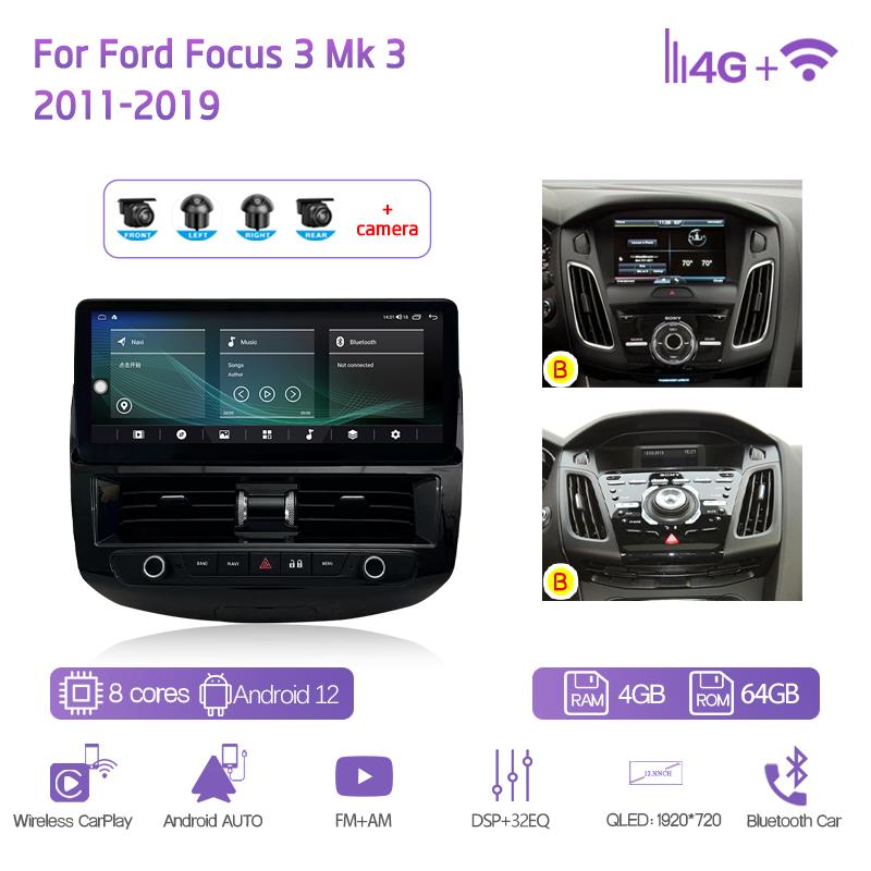 12.3Inch For Ford Focus 3 Mk 3 2011-2019 Car Multimedia Player GPS Navigation Radio Android12 8+128G 8Core CarPlay 4G 360Camera