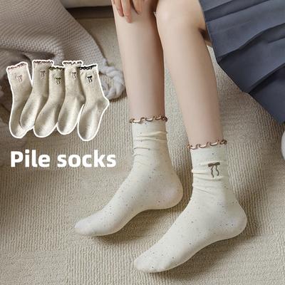 Women's Pile Socks Solid Color Cotton Socks Spring and Autumn Yarn Stockings Cute Kapibala Series Ruffled Trim Embroidered Girl Socks