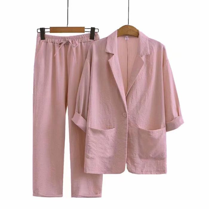 Completo Tuta Pantaloni in Lino Larghi con Vita Elastica e Giacca Sette Maniche Sud-Est Asiatico Taglie Forti