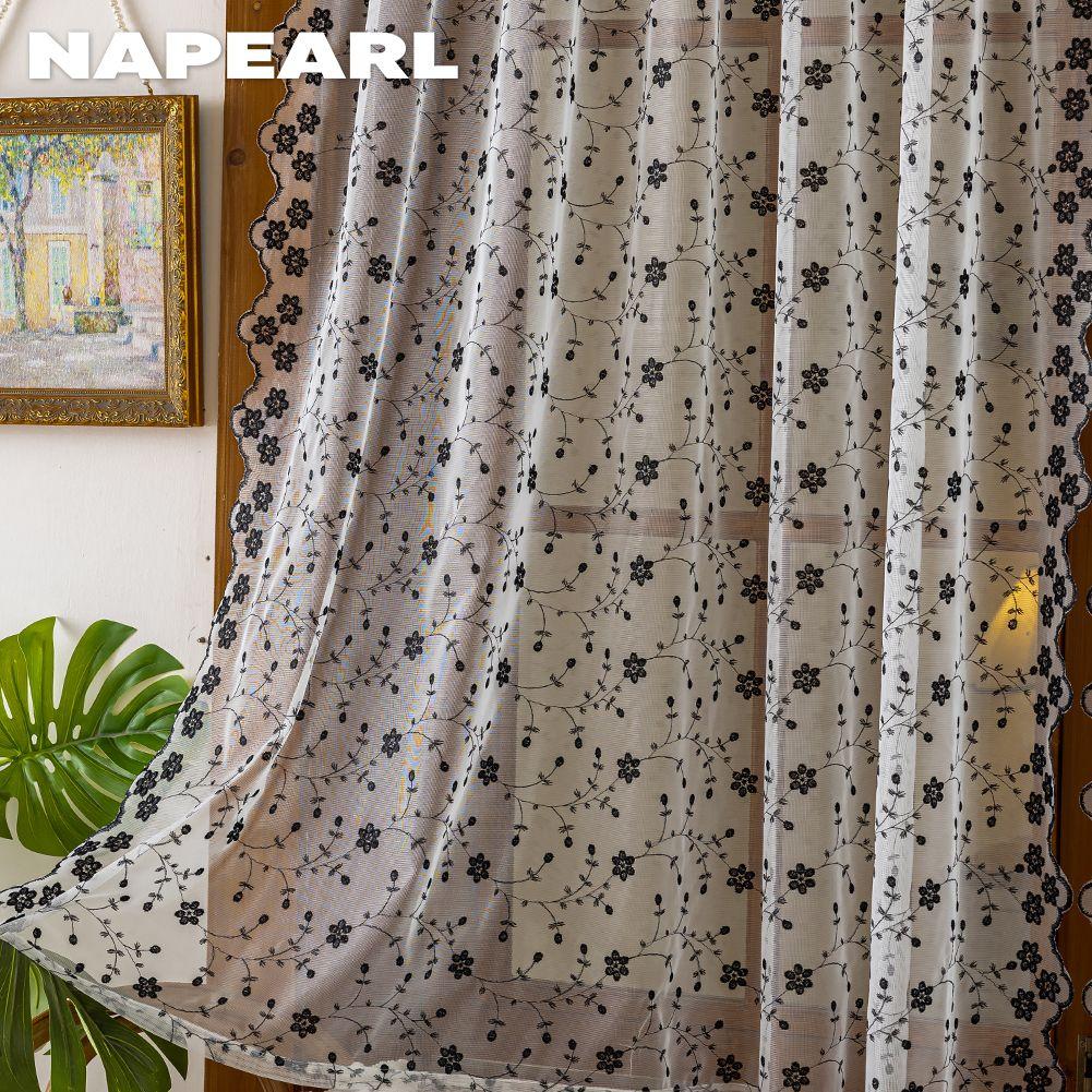 1 Stück NAPEARL Französische Landschaft Blumenstickerei Transparenter Vorhang, Wellen-Spitzen-Durchscheinender Vorhang für Wohnzimmer Schlafzimmer Heimdekoration