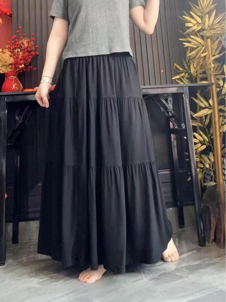 Women's Floral Print Cotton-Silk Elastic Waist Skirt - Southeast Asian Style for Spring and Summer