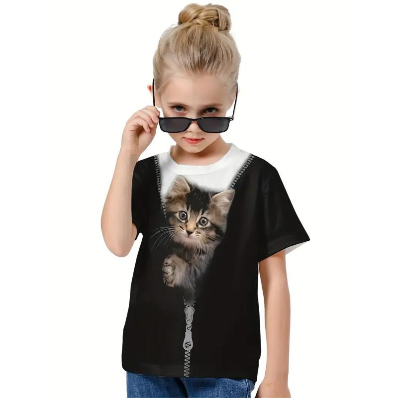 Letní tričko s kulatým výstřihem a 3D potiskem kočky, módní a ležérní dětské dívčí tričko s krátkým rukávem