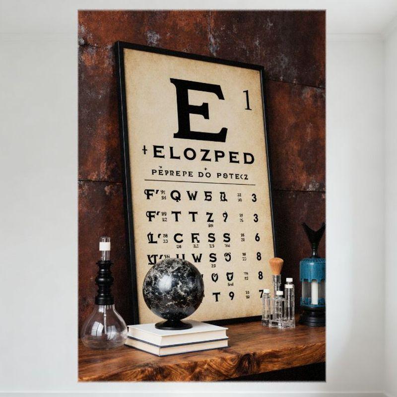 

Vintage Eye Chart Metal Tin Sign - Beige Black Text Rows on Rusted Wall, Wooden Table Glass Objects Decor for Home Office Man Ca 20x30cm（7.8x11.8inch）