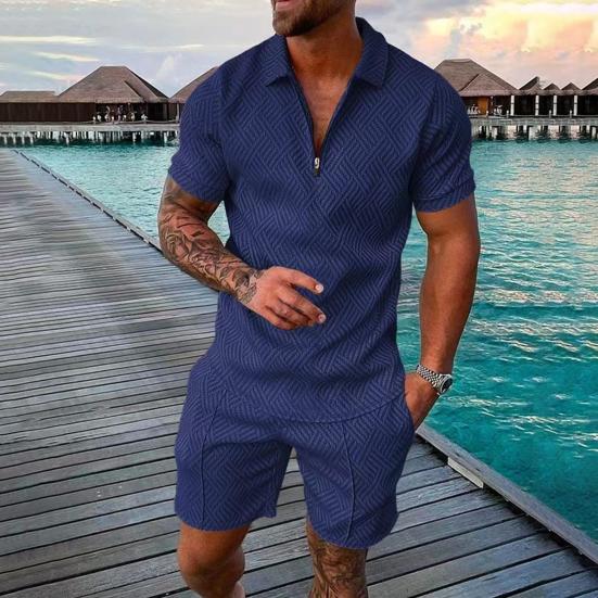 2 Pcs/Set Men Shirt Shorts Set Zip Neckline Lapel Solid Color Short Sleeves