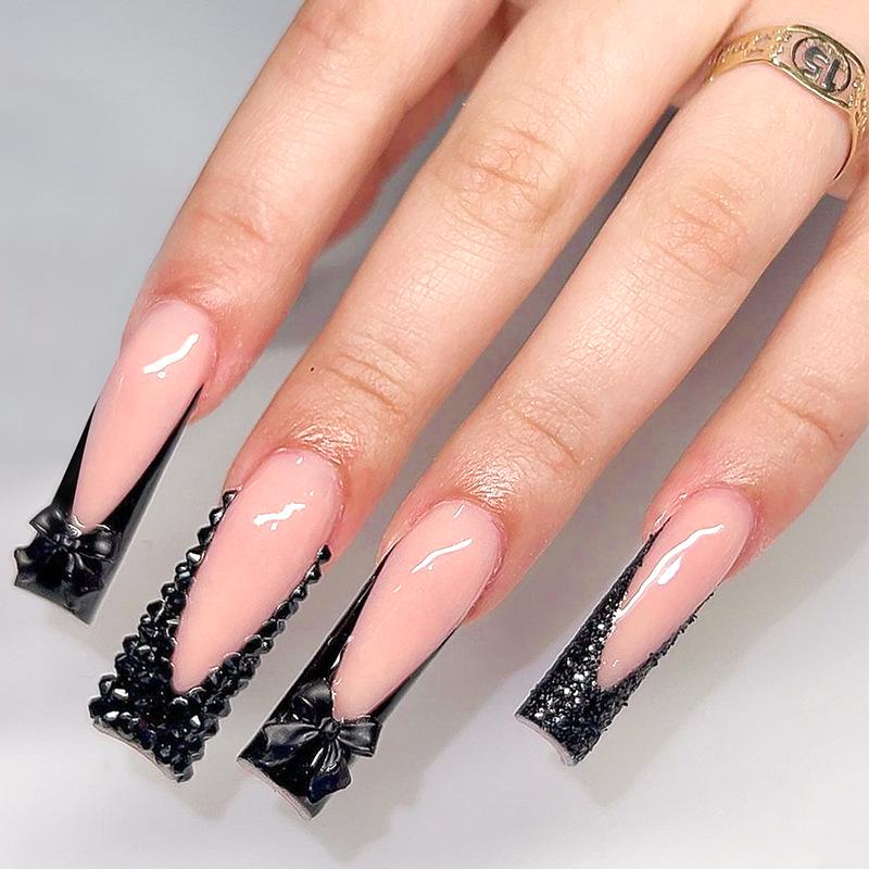 

Handmade Black French Edge Nails with Glitter Bow