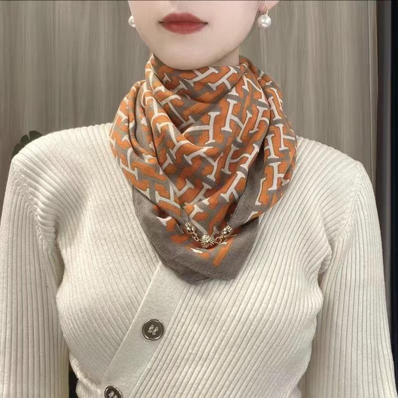 Women's 65" Silk Square Scarf with Magnetic Buckle – Autumn/Winter Print, Fashionable & Versatile Triangle Snood