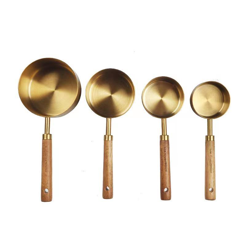 8-Piece Rose Gold Stainless Steel Measuring Cups & Spoons with Engraved Wooden Handles for Baking