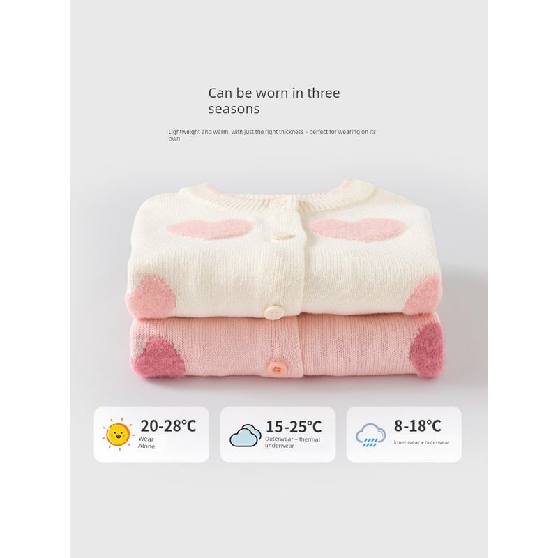 Spring and Autumn Kids Heart Combed Cotton Long Sleeves Sweater Girl Fleece-lined Cardigan Top Baby Girl Knitwear Outwear
