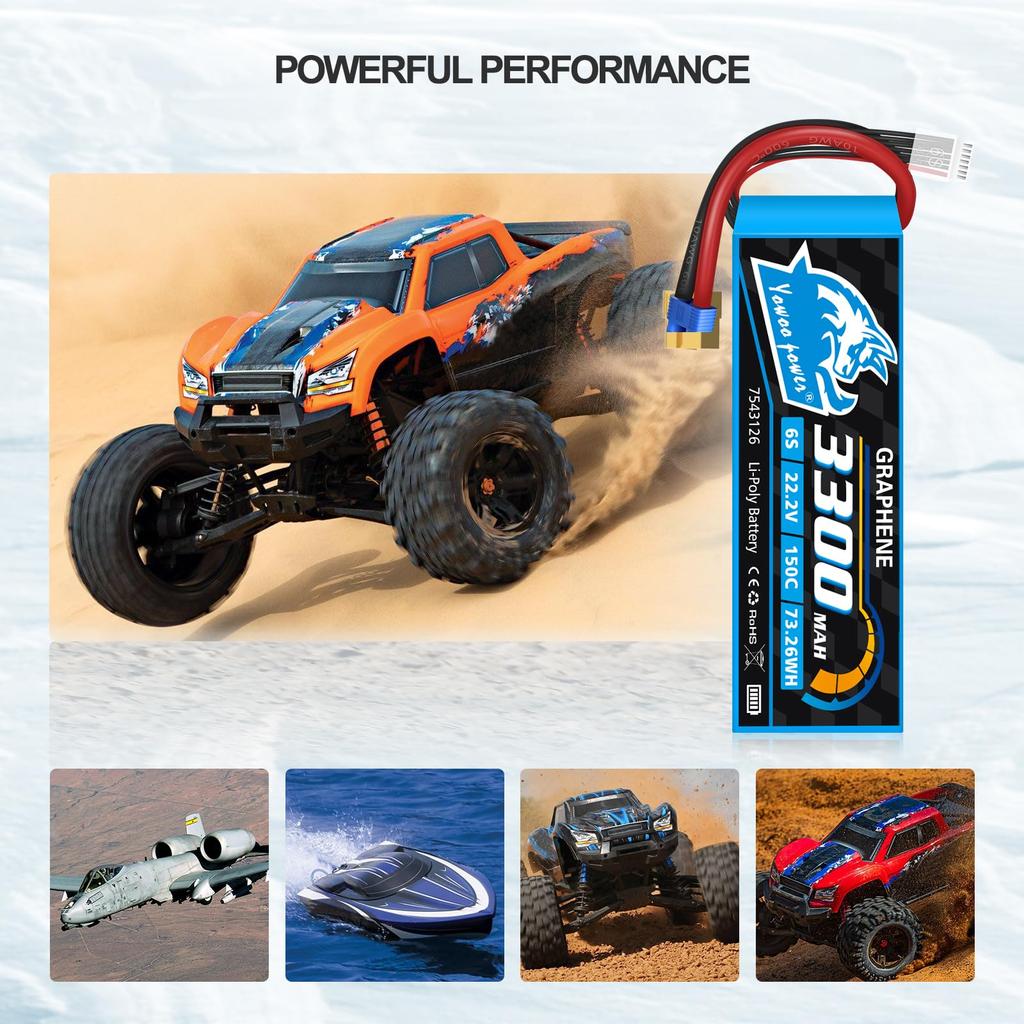 Yowoo 2-Pack 6S Lipo 22.2V 150C 3300mAh Graphene Lithium Battery with XT60Deans T Plug Connector for Aircraft, Helicopter, RC Model Vehicles, Cars,