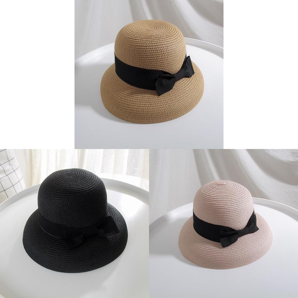 Women's Beach Vacation Straw Hat With Hepburn Big Bow Wide-brimmed Fisherman Bucket Hat For Spring Summer Travel Sunshade