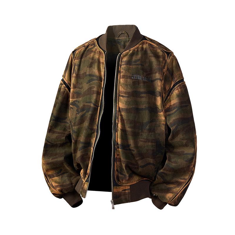 Men's Retro Camouflage Loose Fit Baseball Jacket - Casual Spring/Autumn Cotton Outerwear