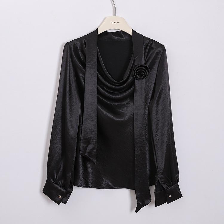 

Fei Yuan Women s Summer Niche Satin Top - Long-Sleeved, Solid Color, Lace-Up, 3D Flower Design One Size чорний