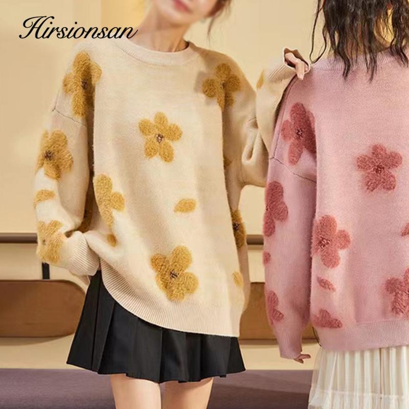 

Hirsionsan винтажный уличный свитер Lazy Oaf, женский зимний вязаный пуловер с цветочной вышивкой, свитер, женская простая мягкая теплая одежда