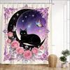 Mystical Cat Shower Curtain 180x180cm Crescent Moon with Black Cat, Floral Butterfly Night Design, Boho Bathroom Decor, 12 Hooks