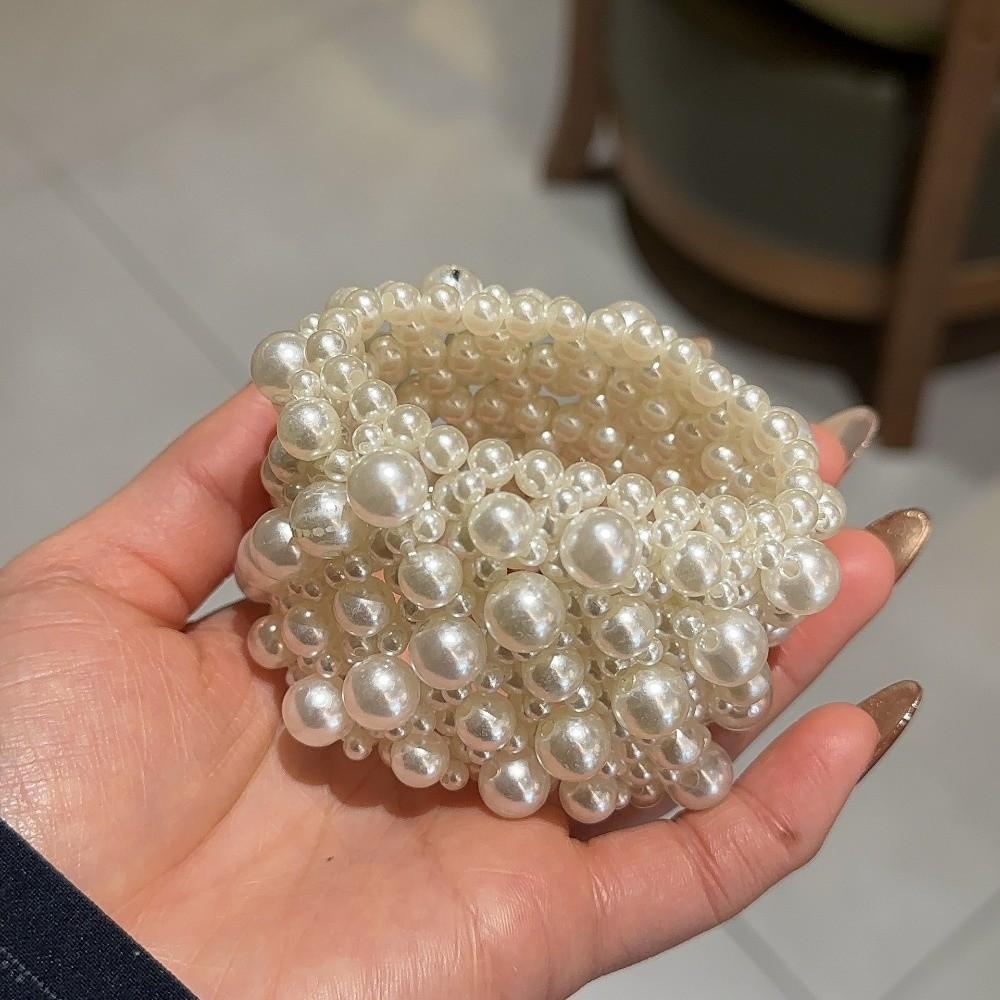 Elastic Women Bracelet White Wide Bangle Simple Pearls Bracelet  Party