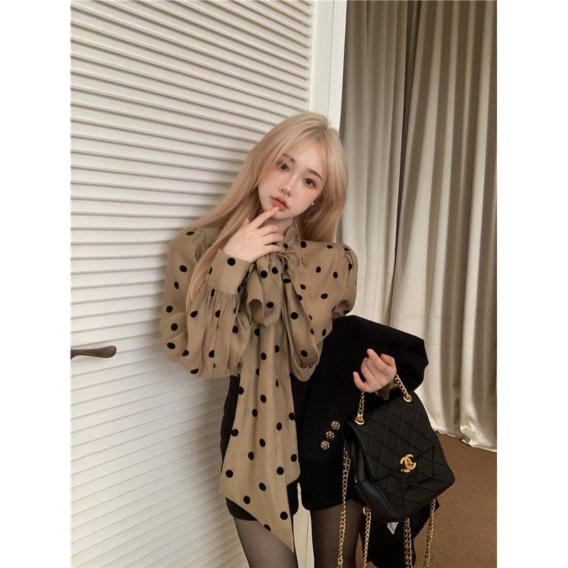 

Kumikumi Advanced Sense Black Woolen Long sleeve Outerwear Women clothes Autumn Inner wear Lace-up Polka Dot Shirts Two-piece Set Polo Dot Shirt L