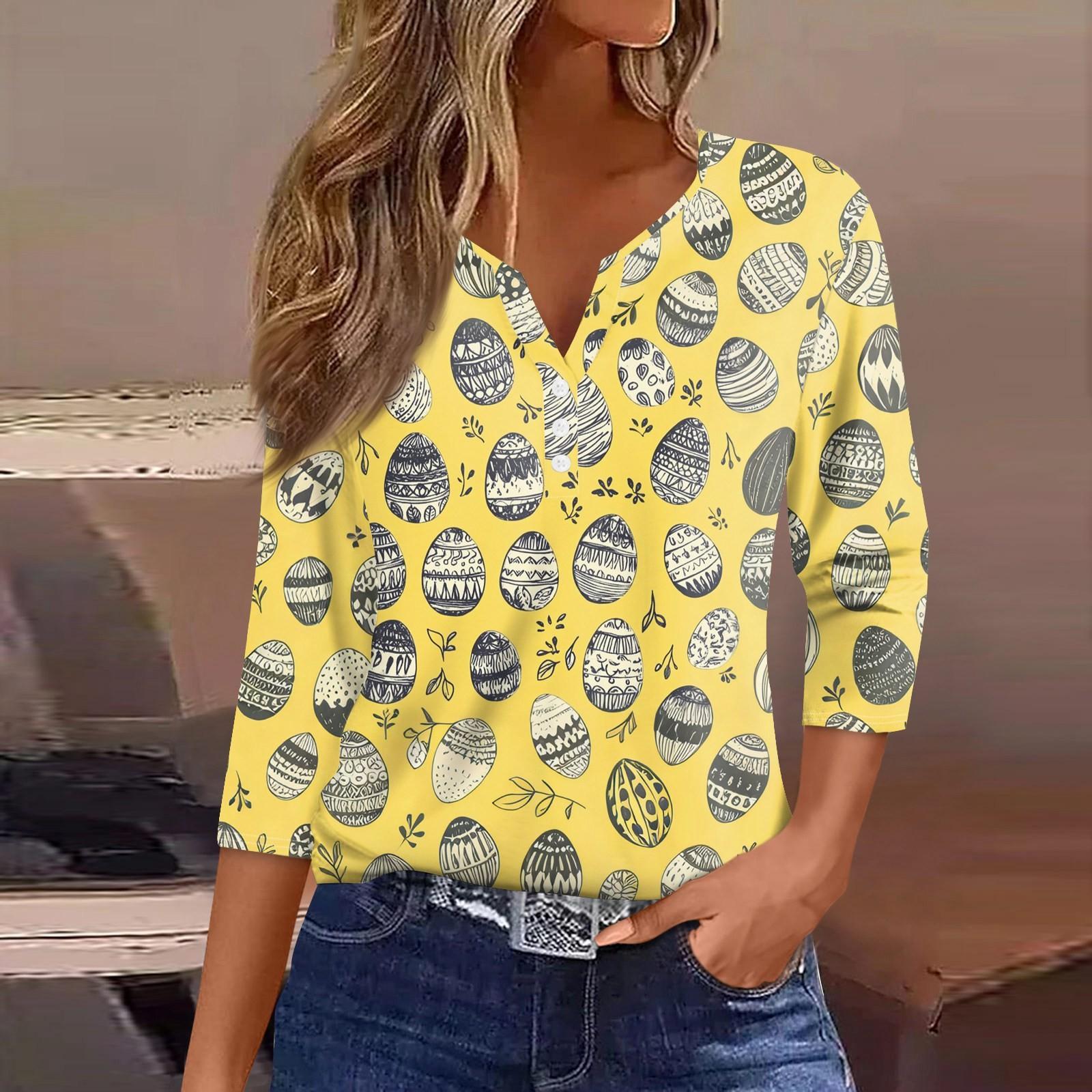 

Жен. Футболка С принтом Пуговицы Рукав 3/4 Повседневные Выходные Мода Классический Классический V-образный вырез Обычный Верх S жёлтый
