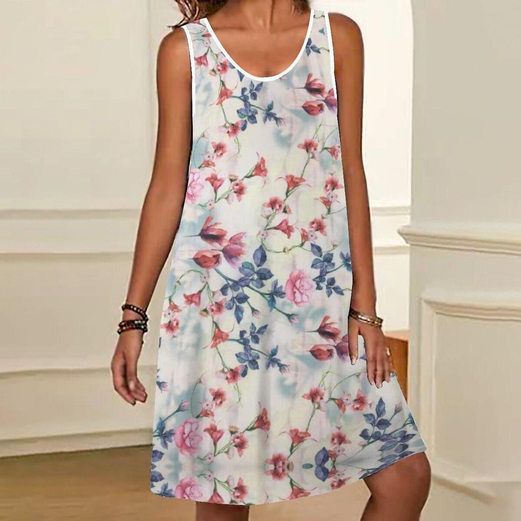 Summer Floral Print Round Neck Sleeveless Dress Beach Style Plus Size Casual Comfortable Soft Breathable Women Mini Dress