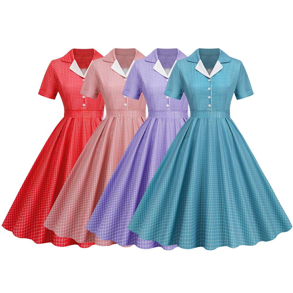 2023 Retro-Kariertes Damen-Anzugkragenkleid mit Gürtel