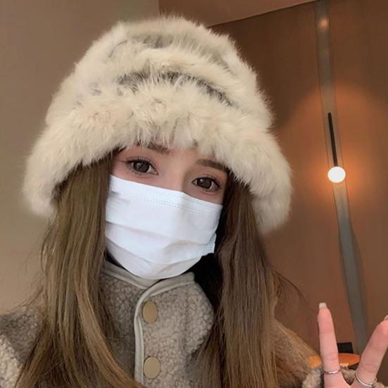 Women Fisherman Hat Imitation Rabbit Fur Decor Autumn Winter Windproof Warm Dome Soft Knitting Basin