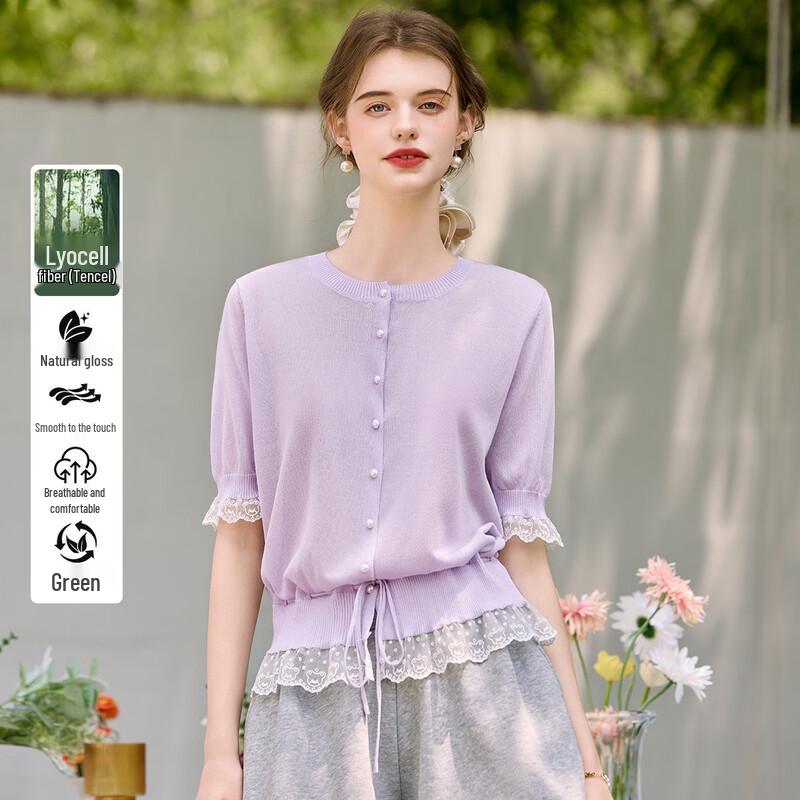 Women s Tencel Blend Lace Knit Short Sleeve Cardigan S