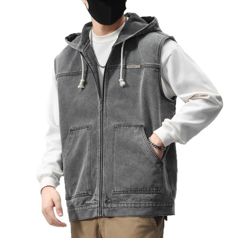 Gilet Giacca di Jeans con Cappuccio Retro Americano da Uomo - Casual, Alta Qualità, Vestibilità Larga per Primavera e Autunno