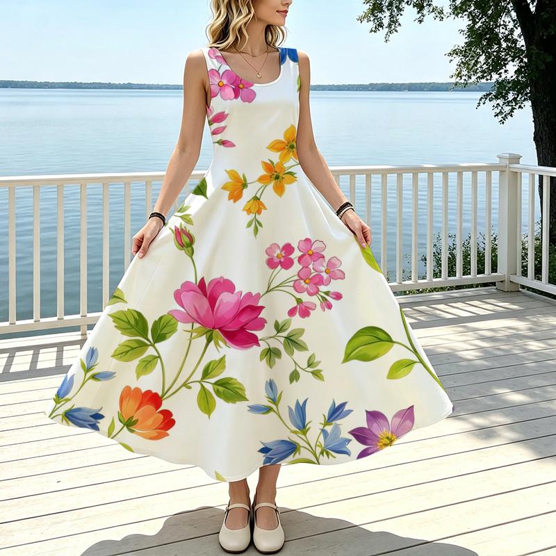 Sleeveless A-Line Maxi Dress,Lightweight Fresh Style Versatile Tank Dress for Daily Commute,Casual Wear & Vacation