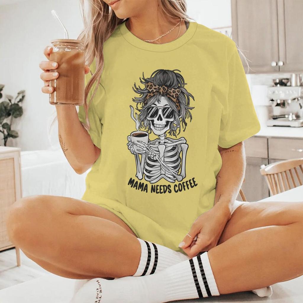 Mama Needs Coffee Vintage Womens Tshirts Fun Skeleton Coffee Print Graphic Short Sleeve T Shirt Casual Coffee Mom Tshirts Gift
