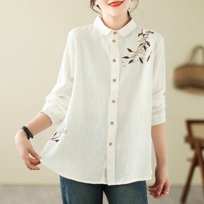 Southeast Asia Plus Size Retro Embroidered Cotton Linen Long Sleeve Shirt