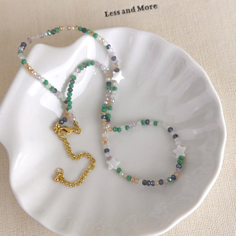 Creative Mix Color Glass Beads White Shell Star Beaded Necklace for Women Girls Gold Plated Alloy Chain Strand Chokers