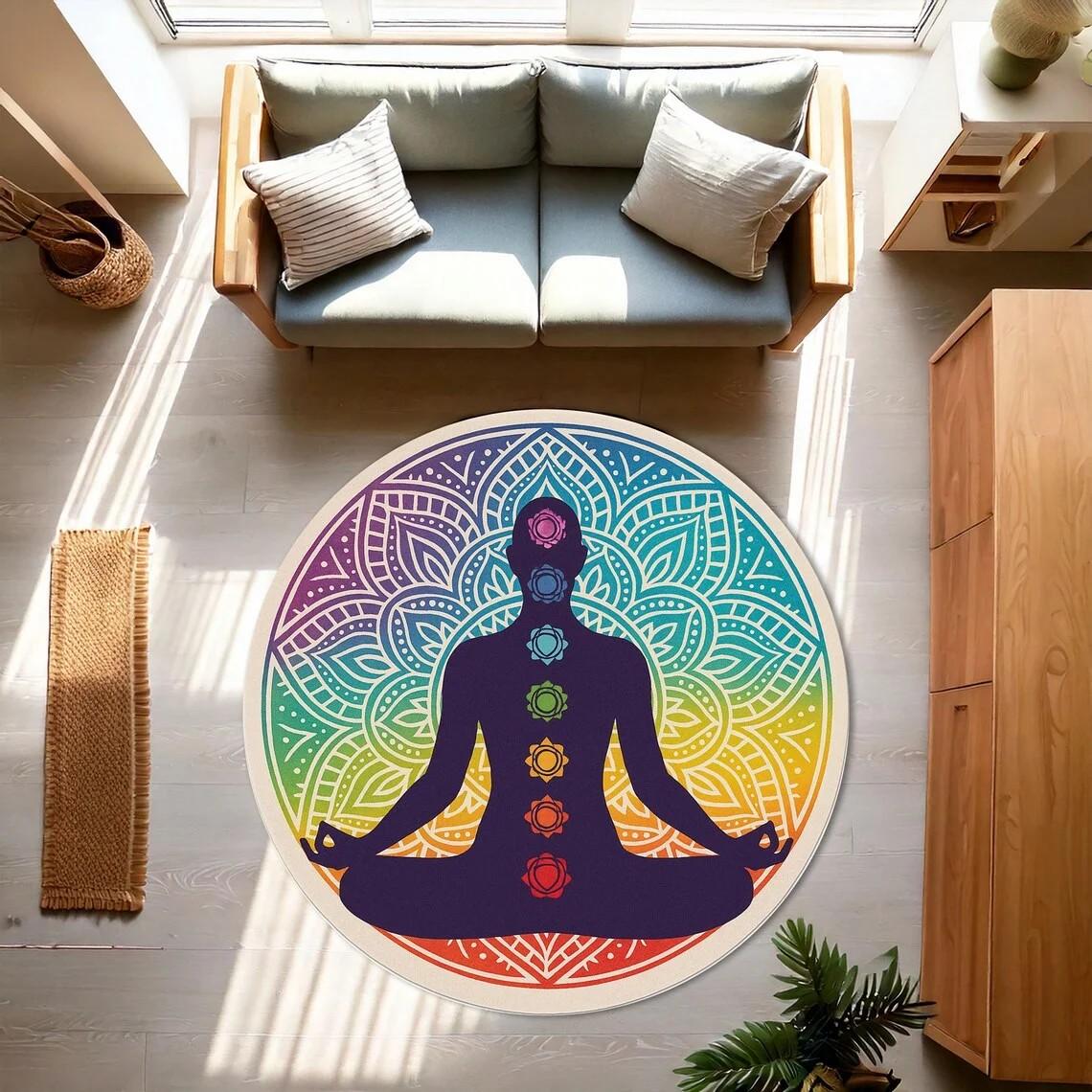 Gouden Lotusbloem Ronde Vloerkleed Antislip Wasbaar voor Woonkamer Meditatie Zen Decor 120x120cm 47inch
