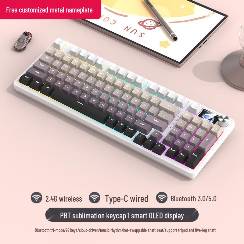 98-Key Wireless Bluetooth Mechanical Keyboard - Blue Switches, PBT Gradient, Gaming/Office, Customizable.