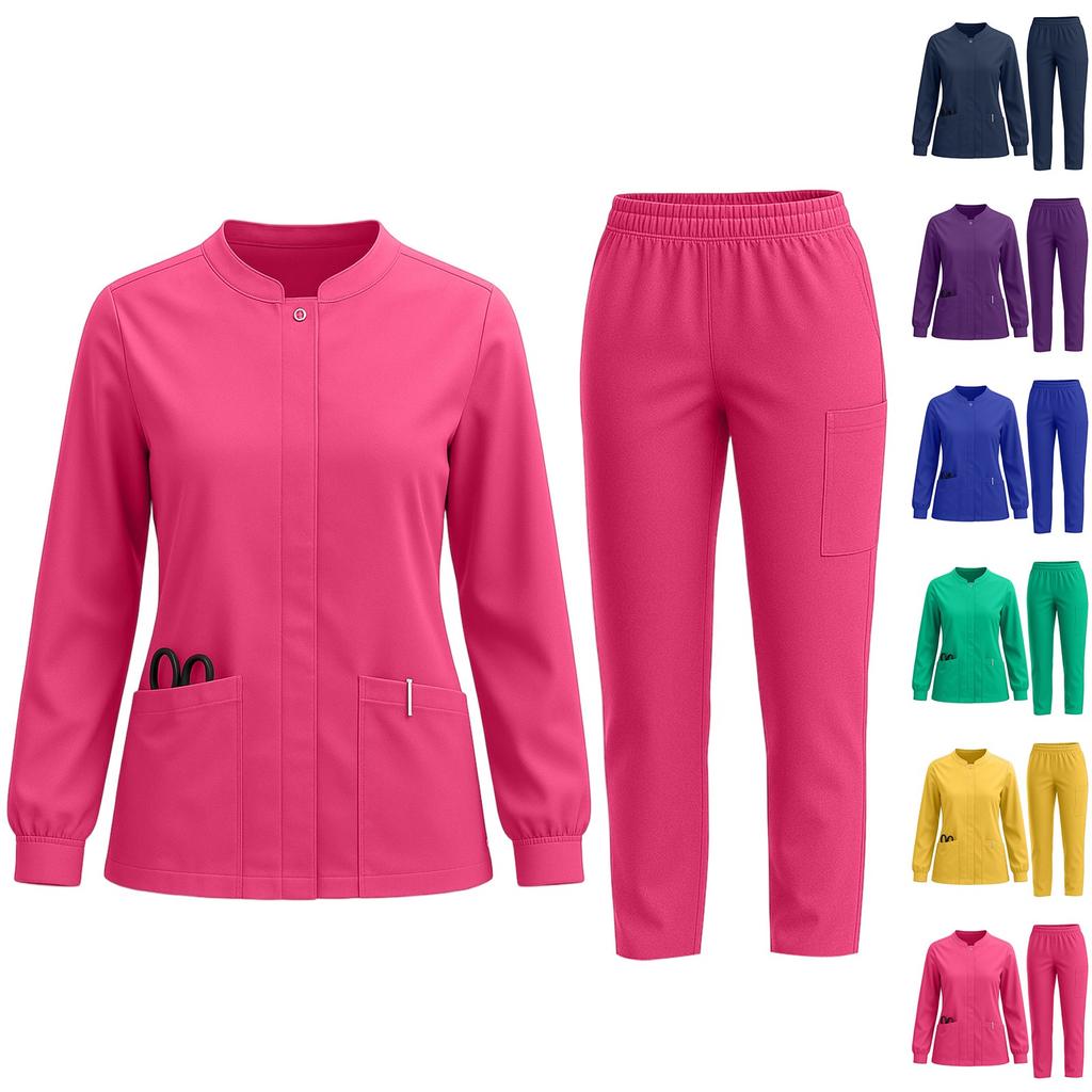 Women's Quick Drying Fabric Solid Color Round Neck Pocket Long Sleeve Pants Set Workwear