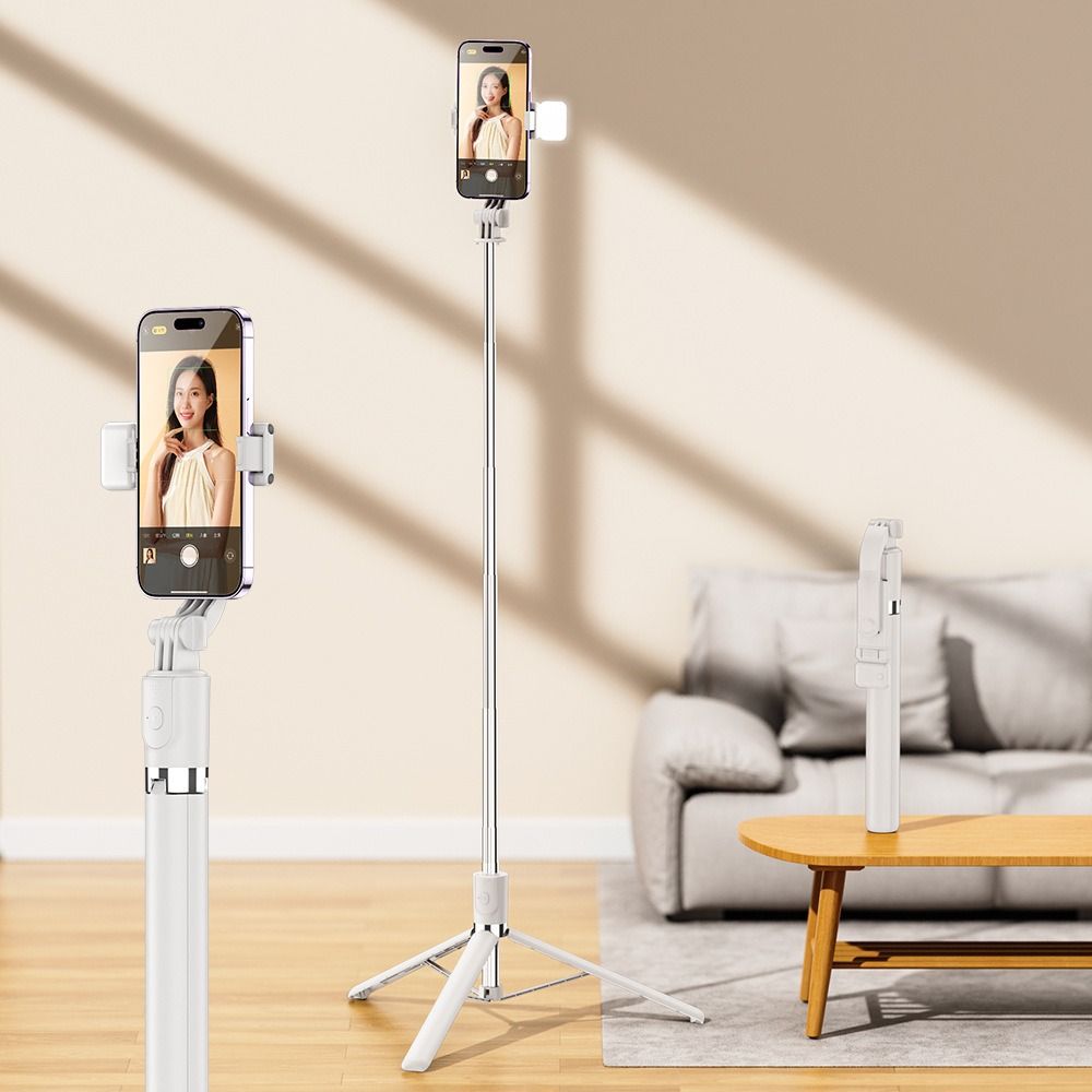 Handheld Bluetooth Cell Phone Tripod Stand with Fill Light Selfie Rod Live Streaming Bracket  Girl