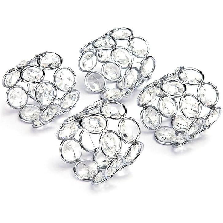 Feyarl Set of 4pcs Silver Crystal Napkin Rings Handcraft Sparkly Napkin Rings Napkin Holders for Wedding Centerpieces Special Occasions Celebration 1