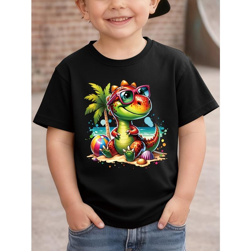 Boys' Dinosaur And Coconut Tree Pattern Print Handsome All-Match Casual T-Shirt