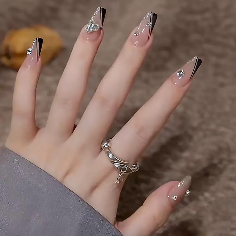 Nakhi 24 Reusable Artificial Fake Nail Set | Peach Base Colour Black Design and Diamond Glossy Nails | Lightweight & Long Lasting| Quick Fix For F
