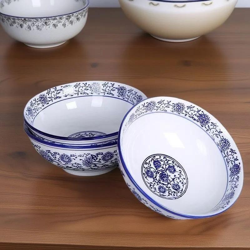 Chinese Blue and White Ceramic Ramen Soup Bowl Porcelain Instant Noodle Home Kitchen Tableware Rice Bowl Underglaze Color Craft
