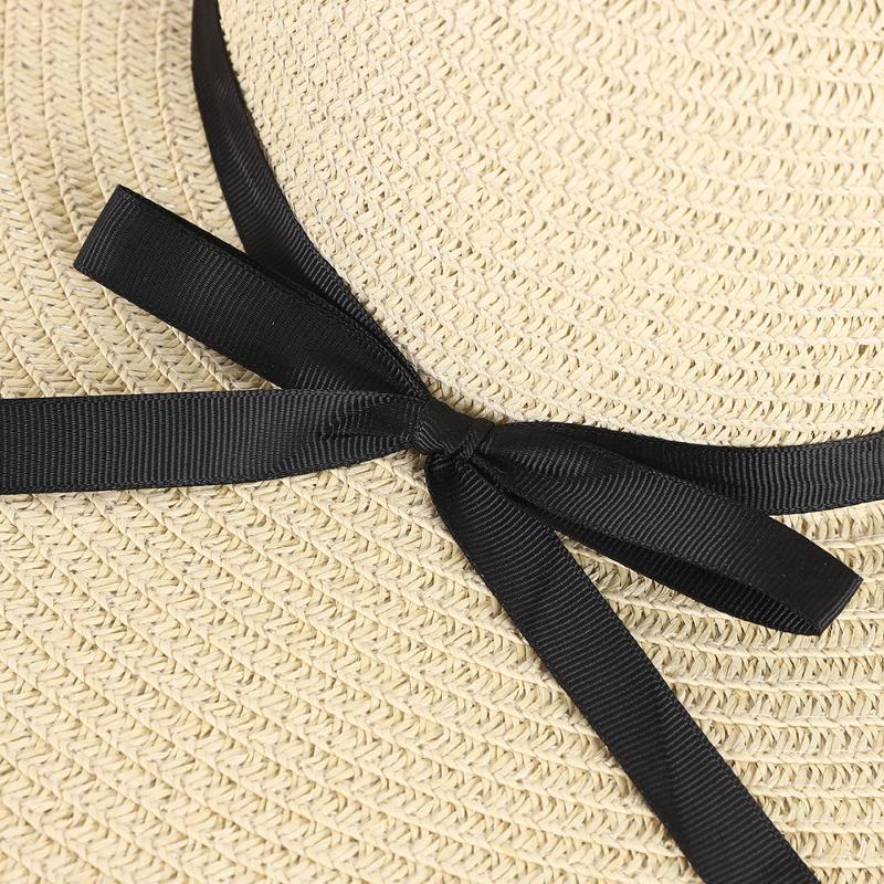 Summer Female Bow Streamer Sun Hat Seaside Beach Vacation Sun Hat Foldable Big Brim Sun Hat Straw Hat