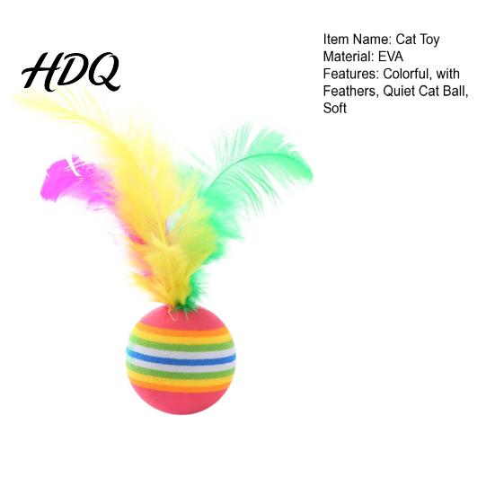 Soft Cat Ball Colorful Striped Ball Foam with Feathers Quiet Toy Feather