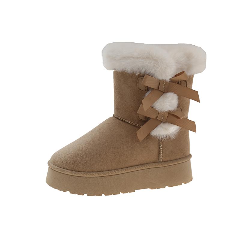 

Fashion Fashionable Fur Bow Decoration Casual Warm Mid-calf Boots 2024 Winter Trend Solid Color Flat Comfortable Women s Snow Boots 36
