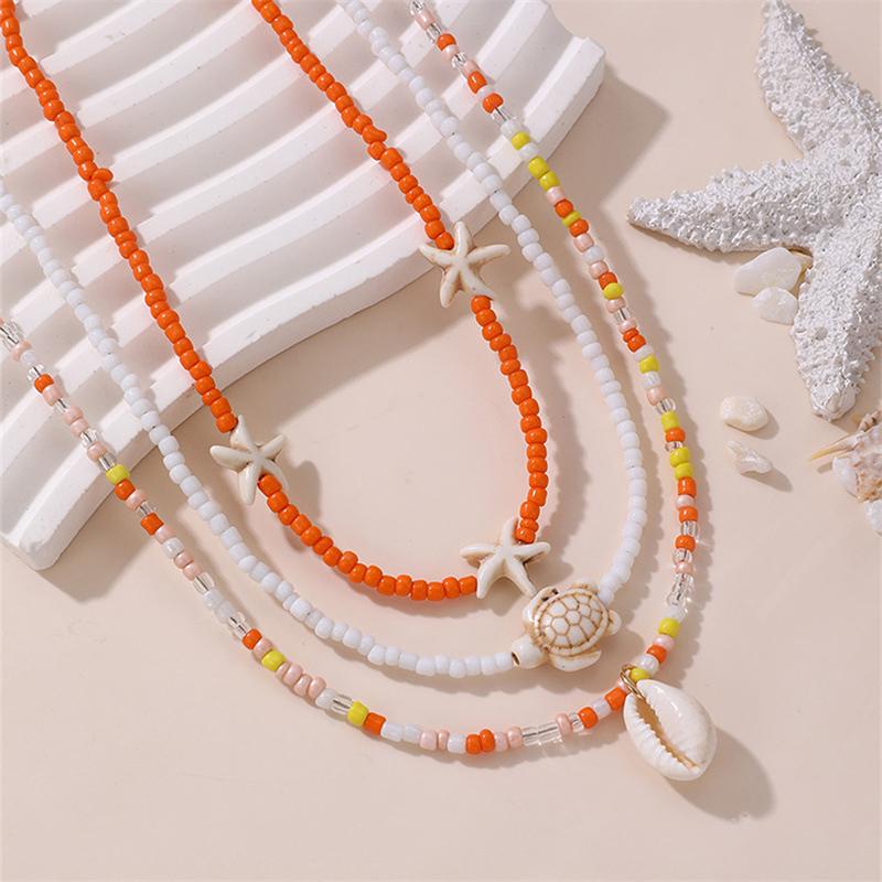 Bohemian Multilayer Rice Bead Chain Clavicle Necklace Vintage Acrylic Turtle Starfish Shell Pendant Choker Women'S Beach Jewelry