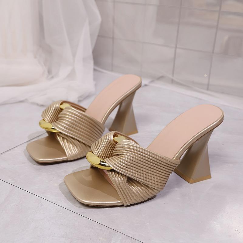 Summer New Slipper with Metal Buckle Block Heel Womens Square Toe Open Toe High Heel Fashion Plus Size Slippers