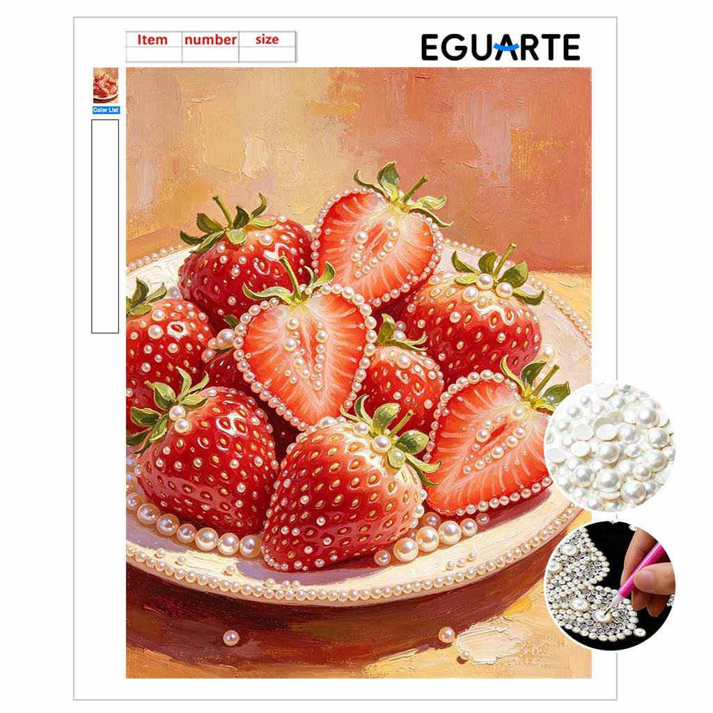 5D Framed Pearl Painting Kit Fresh Strawberry Pattern Sparkling Bead Art Canvas Ready to Display Romantic Home Decor Gift Exquisite Kitchen Wall Decor