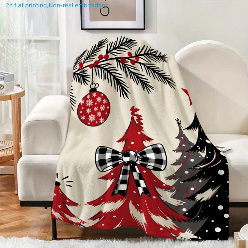 1pc Christmas Festive Style Tree And Bow Printed Blanket, Red Christmas Tree Theme, Multi-Size Available, Suitable for Living Room, Bedroom, Study, Of